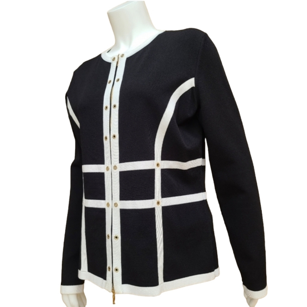 ESCADA Contrast Striped Santana Knit Jacket L Top Sweater Cardigan Travel VTG - Picture 2 of 15